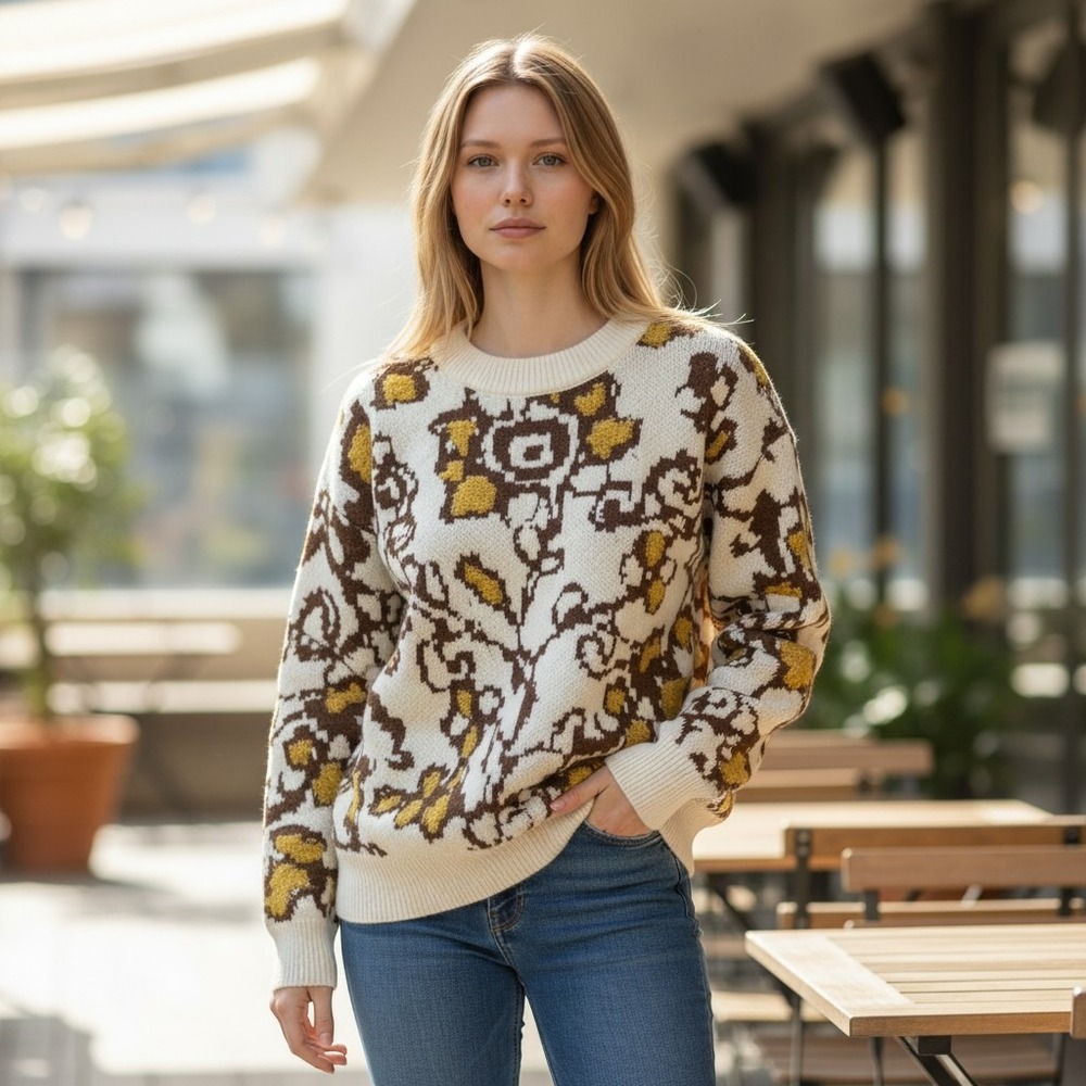 Gimmicks Sweater Large Cream Brown Yellow EUC Abstract Floral Knit Crewneck